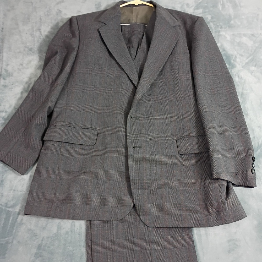 Oakton Ltd Mens 46R 3 Piece Suit Grey Glen Plaid Worsted Wool Blend Vest Pants